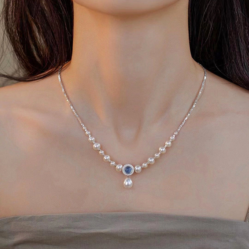 vakkv Aquamarine Pendant Small Pieces of Silver Necklace High-Grade S925 Sterling Silver All-Match Natural Fresh Water Short Pearl Necklace Female Summer