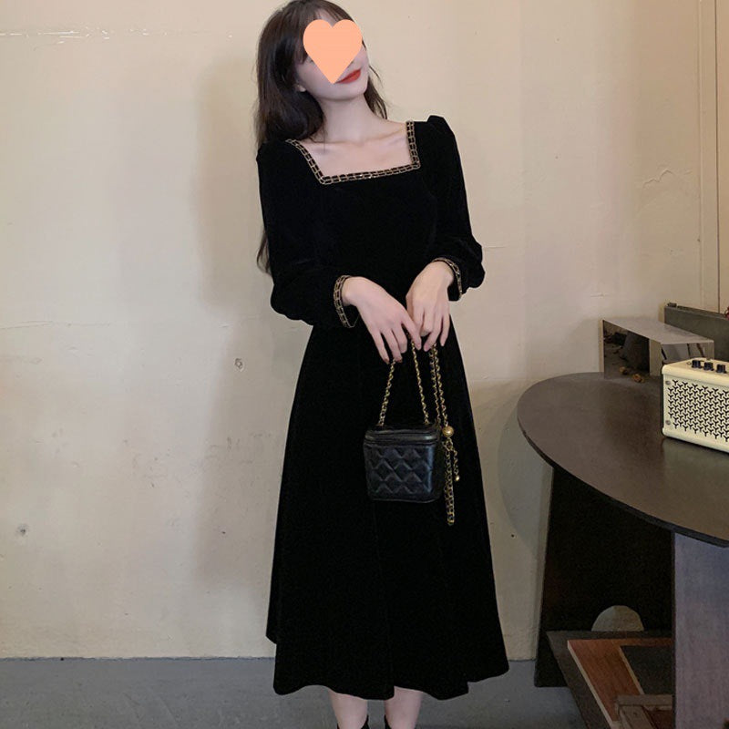 VSKKV Style Golden Edge Square Collar Velvet Dress Women's Clothing Autumn Winter Retro Hepburn Style Inner Evening Dress A- line Long Skirt