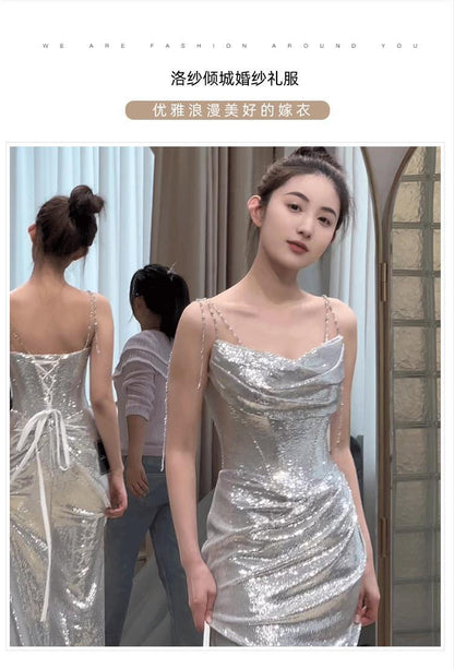 VSKKV Silver Evening Dress  New Light Luxury Temperament Socialite Host Banquet Dress Bridal Sling Toast Dress for Women