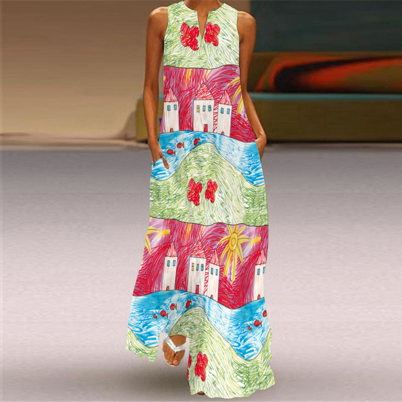 2024 Summer New New European and American Retro Printed Dress V-neck Multicolor Long Sexy Sleeveless Dress