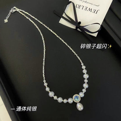 vakkv Aquamarine Pendant Small Pieces of Silver Necklace High-Grade S925 Sterling Silver All-Match Natural Fresh Water Short Pearl Necklace Female Summer