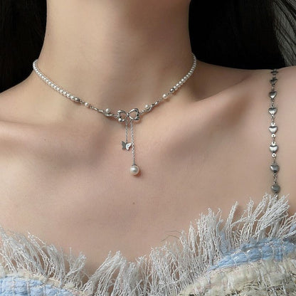 Butterfly Pearl Necklace Female Hollow Bow Tassel Clavicle Chain Niche High Sense Necklace