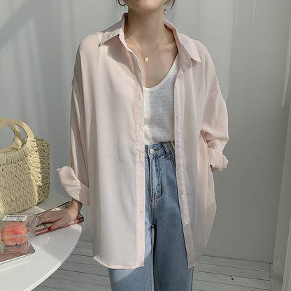 [Ovann] Yx9009 Chiffon Solid Color Shirt  Summer New Air Conditioning Shirt Loose Long Sleeve Sun Protection Shirt