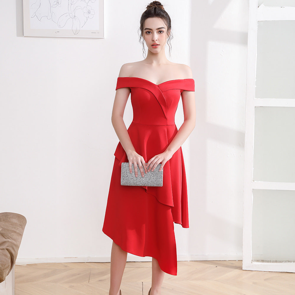 VAKKV Evening Dress Women's Small off-Shoulder Mid-Length Slimming Company Annual Meeting Host Irregular Hem Dress