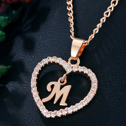 In Stock Direct Selling Exclusive for Cross-Border Letter Necklace 26 Letter Heart-Shaped Zircon Necklace Jewelry Love Heart Pendant Necklace