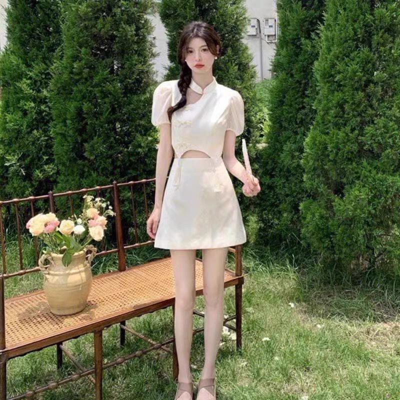 Style Shirt for Women Amoi Chinese Style Graceful Puff Sleeve Short Coat and Dress Show Graceful Improved Cheongsam Suit
