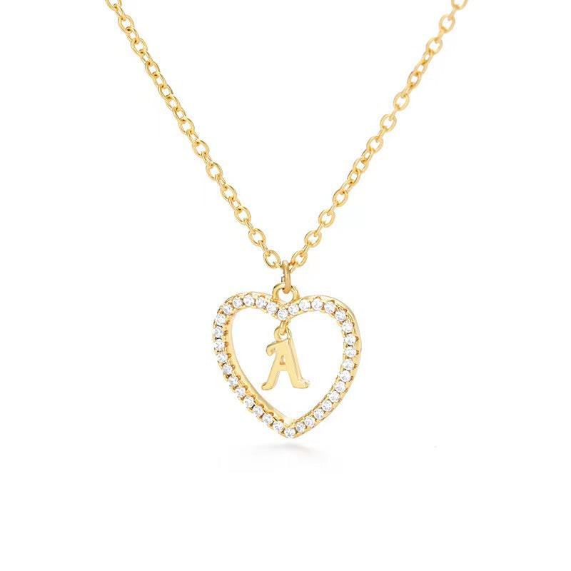 In Stock Direct Selling Exclusive for Cross-Border Letter Necklace 26 Letter Heart-Shaped Zircon Necklace Jewelry Love Heart Pendant Necklace