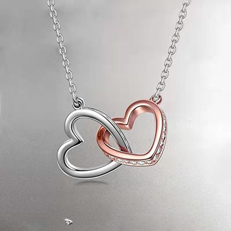 S925 Silver Heart-to-Heart Double Ring Necklace Korean Style Simple Pendant Clavicle Chain Valentine's Day Gift Silver Accessories Wholesale