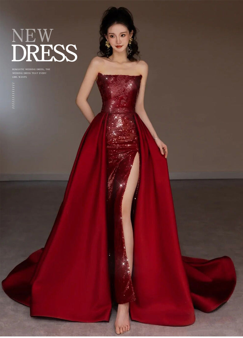 VSKKV Toast Dress Bride off-Shoulder Tube Top Wine Red Sequined Dress Host Party Trailing High Slit Long Dress
