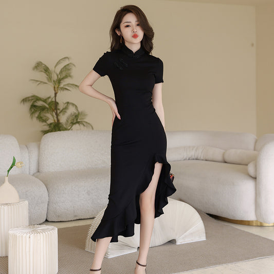 2024 Summer New Women's New Chinese Style Improved Daily Cheongsam Dress Black Irregular Fishtail Dress 30157