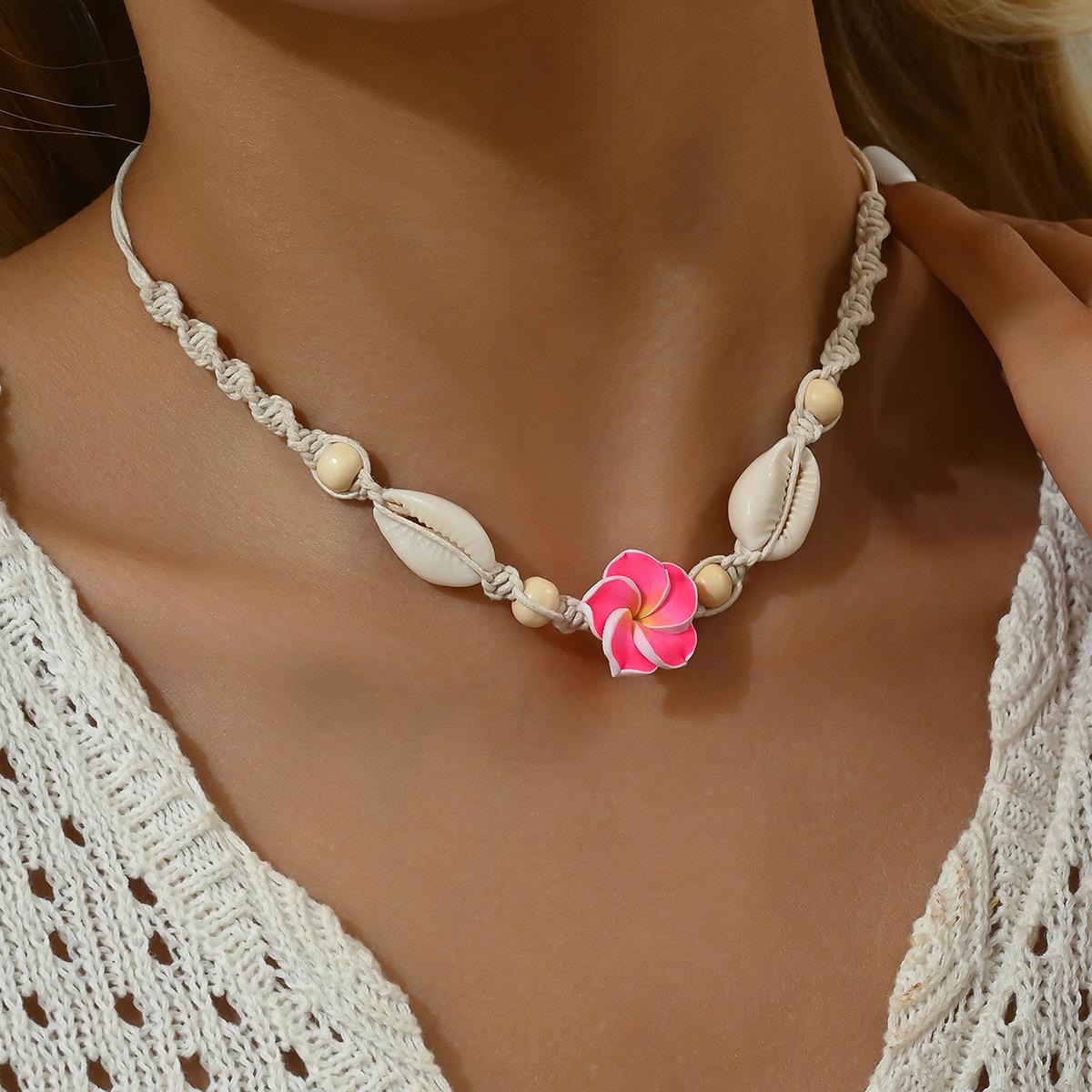 Cross-Border Beach Vacation Style Egg Flower Necklace Marine Shell Wooden Bead Hand-Woven Adjustable Necklace for Women