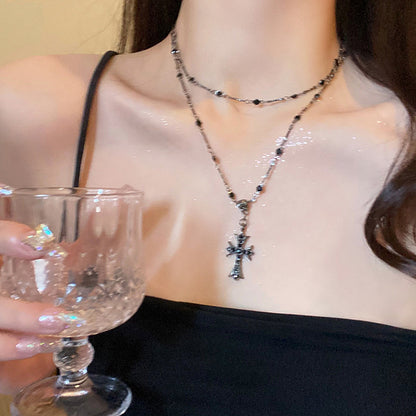 vakkv Dark Zircon Cross Beaded Necklace for Women Summer Long Double Layer Twin Necklace Ins Style All-Match Clavicle Chain