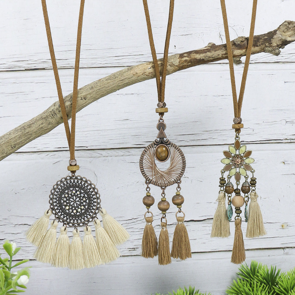 Cross-Border Hot Sale Long HOTan and NEWn Style Necklace Bohemian Style Tassel Flowers Pendant Ethnic Style Retro Necklace Wholesale