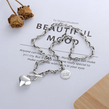 vakkv Yunchaoxuan S925 Sterling Silver Special-Interest Design round English Pendant Stitching Three-Dimensional Heart OT Buckle Clavicle Chain Necklace