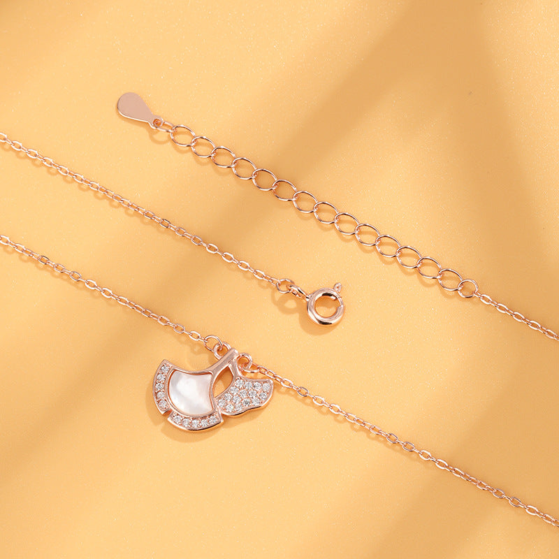 Japanese and Korean Temperament Entry Lux Clavicle Chain Three Lucky Apricot Leaf Necklace Women's Sterling Silver White Shell Pendant Temu Xi Yin Hot Sale