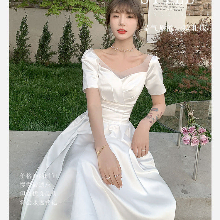 VSKKV Satin Wedding Dress  New Elegant  Light Wedding Dress Simple Trip Shoot White Wedding Dress Daily Style Women