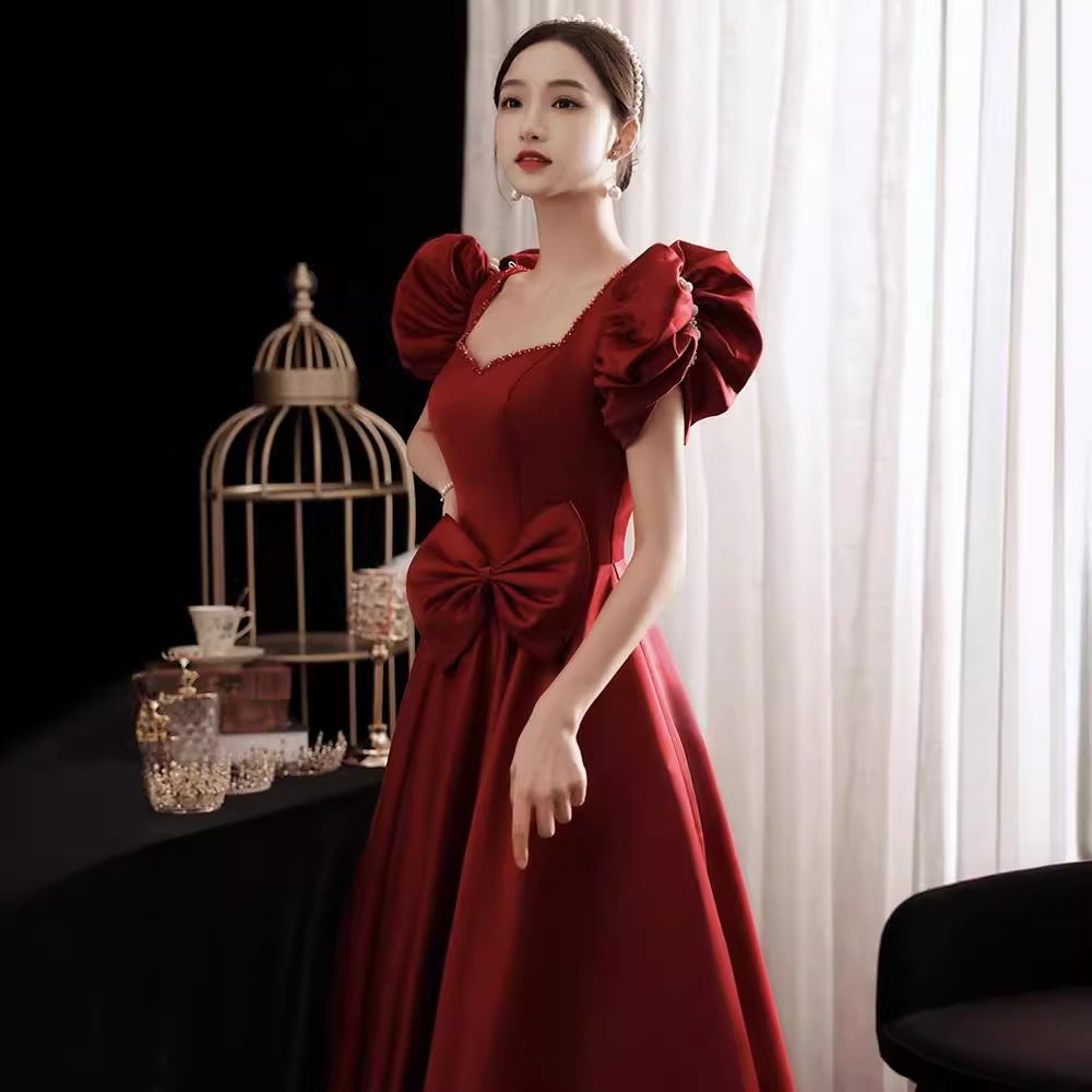 VSKKV Toast Dress Bride on the Run Princess Wine Red Wedding Bridal Evening Dress Women's Spring Long Daily Style