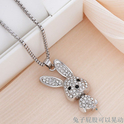 New Trendy Cool Full Diamond Rabbit Necklace Female Ins Hip Hop Cool Pendant All-Matching Long Sweater Chain Factory Wholesale