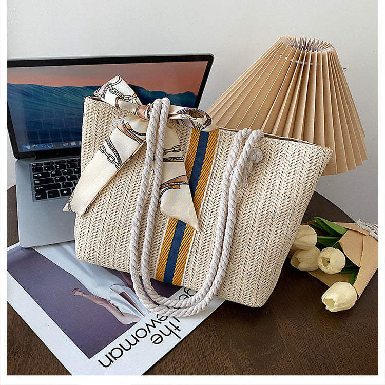 Manufacturer's Self-Produced Women's Bag Cross-Border New Arrival Color Stripes Straw Bag Fashion Cotton String Shoulder Tote Bag Vacation Beach Bag