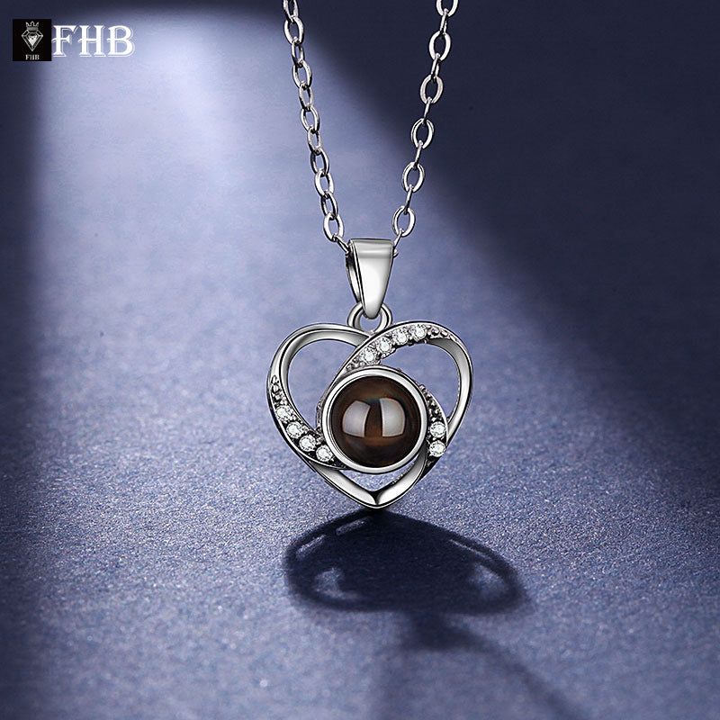 925 Silver Love Projection Necklace Female Heart-Shaped 100 Languages I Love You Clavicle Chain Factory Wholesale One Piece Dropshipping