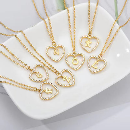 In Stock Direct Selling Exclusive for Cross-Border Letter Necklace 26 Letter Heart-Shaped Zircon Necklace Jewelry Love Heart Pendant Necklace