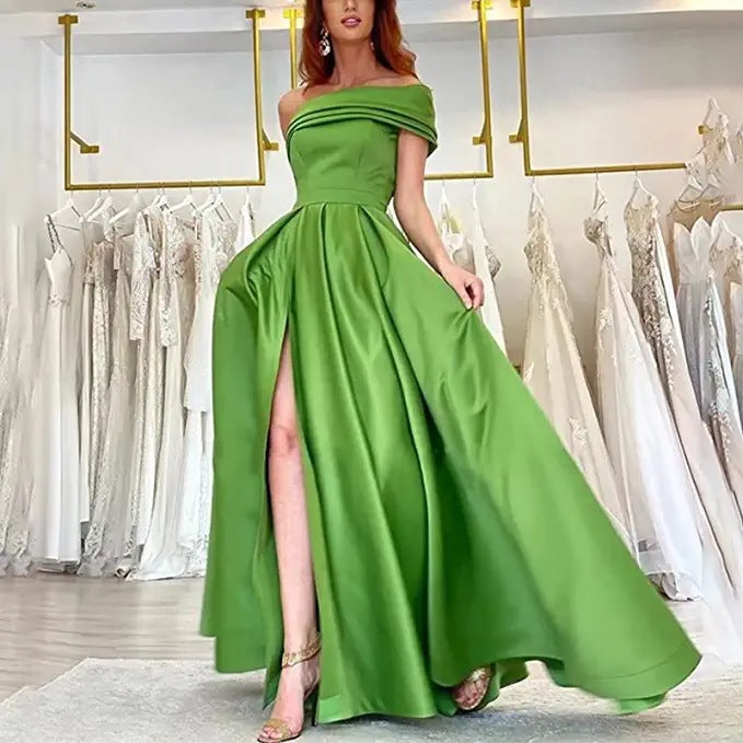 VAKKV  Foreign Trade One Shoulder Satin Dress  Evening Dress Birthday Banquet Pettiskirt Green High Slit Sexy Jumpsuit