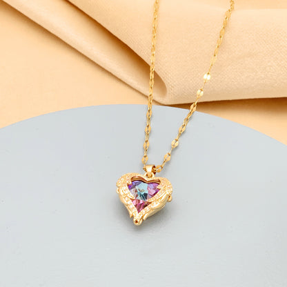 VAKKV Colorful Ocean Heart Pendant Titanium Steel Necklace Female Korean Style Light Luxury Girlfriends Girlfriend Clavicle Chain Jewelry Factory Wholesale