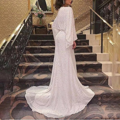 VAKKV  Cross-Border  New European and American V-neck Mop Long Sleeve Sequin Formal Dress Fishtail Banquet Elegant Dress