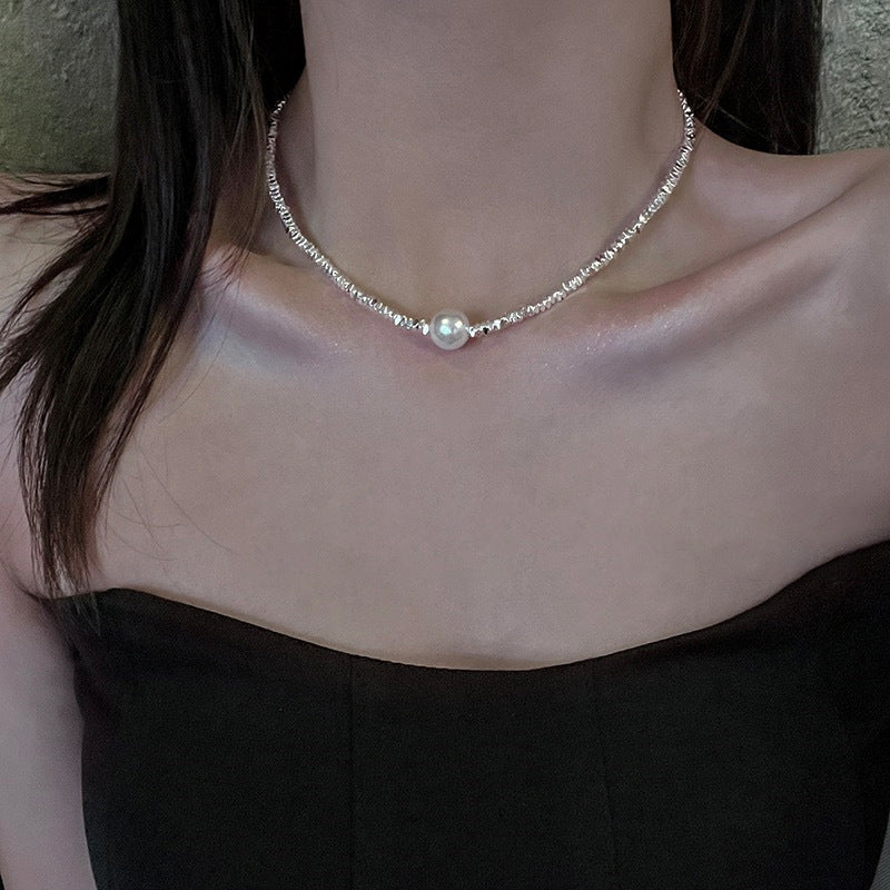 Irregular Small Pieces of Silver Pearl Pendant Necklace Women's Advanced Design Clavicle Chain Simple and Light Luxury Temperament Necklace