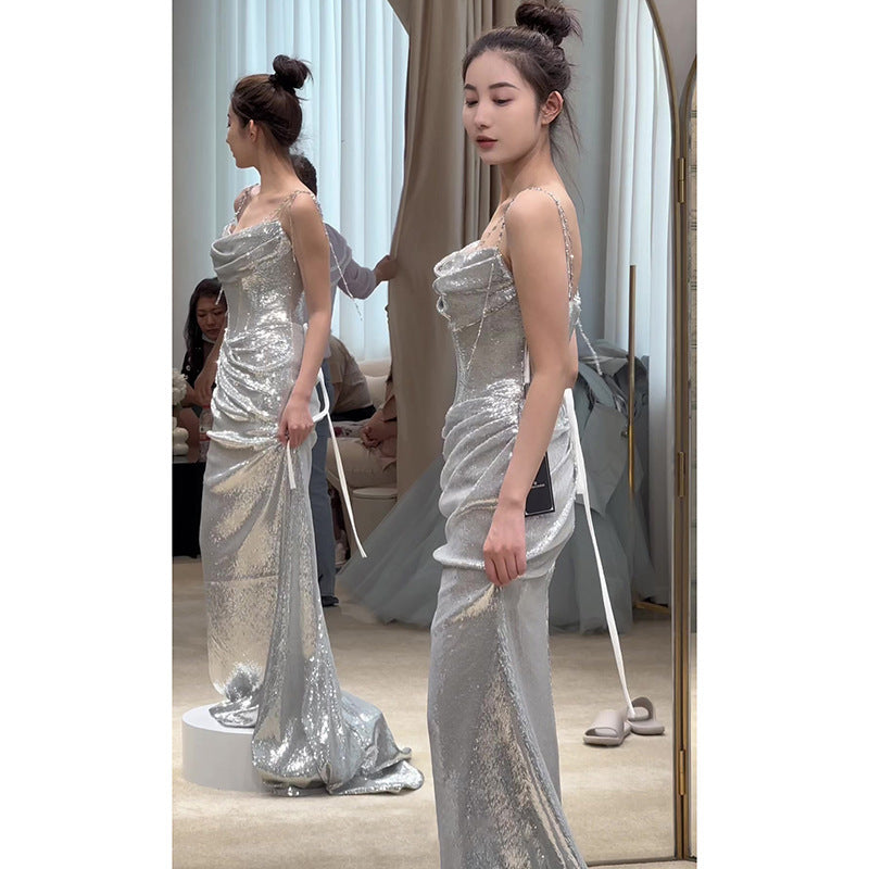 VSKKV Silver Evening Dress  New Light Luxury Temperament Socialite Host Banquet Dress Bridal Sling Toast Dress for Women