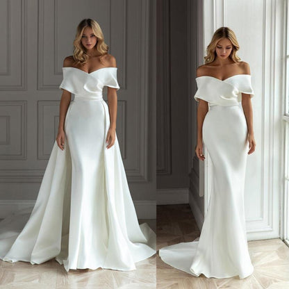 VSKKV European and American New Light Wedding Dress Satin Long Tail Simple Graceful Hepburn Style Host off-Shoulder Wedding Dress Summer