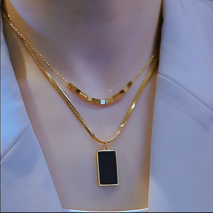 Double-Layer Stacked Square Brand Clavicle Chain  New Temperament Wild Titanium Steel No Fading Necklace Female Online Influencer Accessories