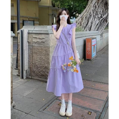 Summer Flying Sleeve Loose Princess Dress New Sweet Temperament Slim-Fit Dress  High-Grade Long Dress