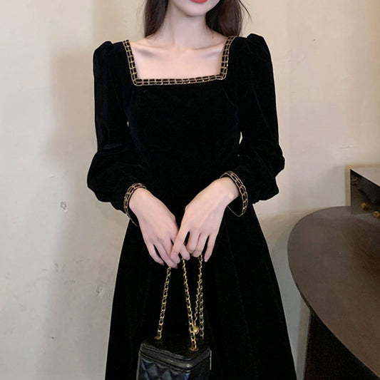 VSKKV Style Golden Edge Square Collar Velvet Dress Women's Clothing Autumn Winter Retro Hepburn Style Inner Evening Dress A- line Long Skirt