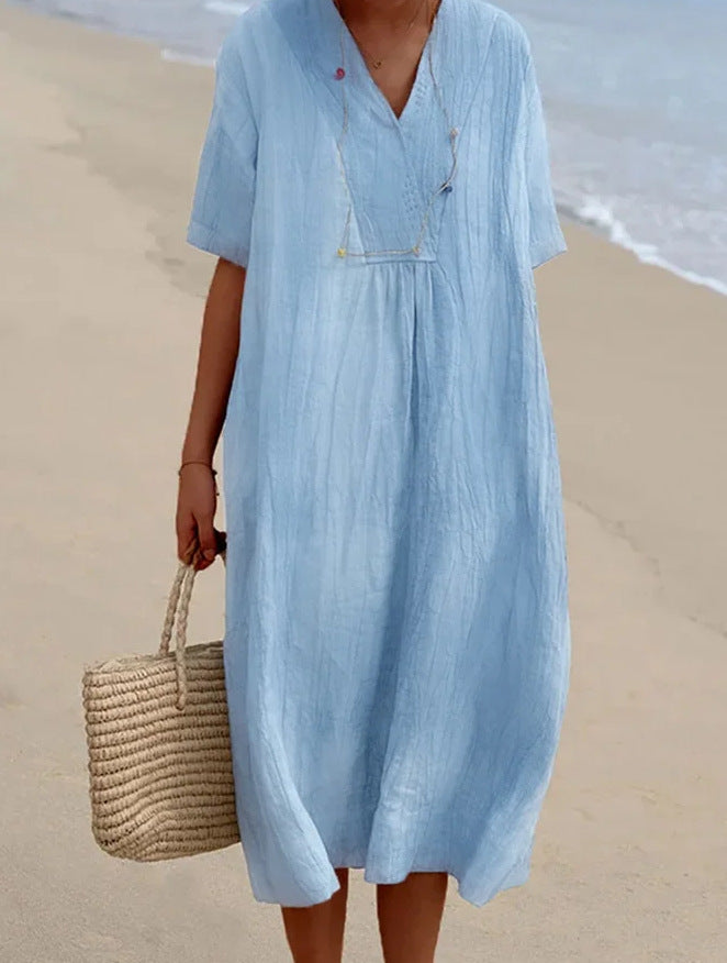 In Stock 4045# Women's Solid Color Cotton and Linen Dress