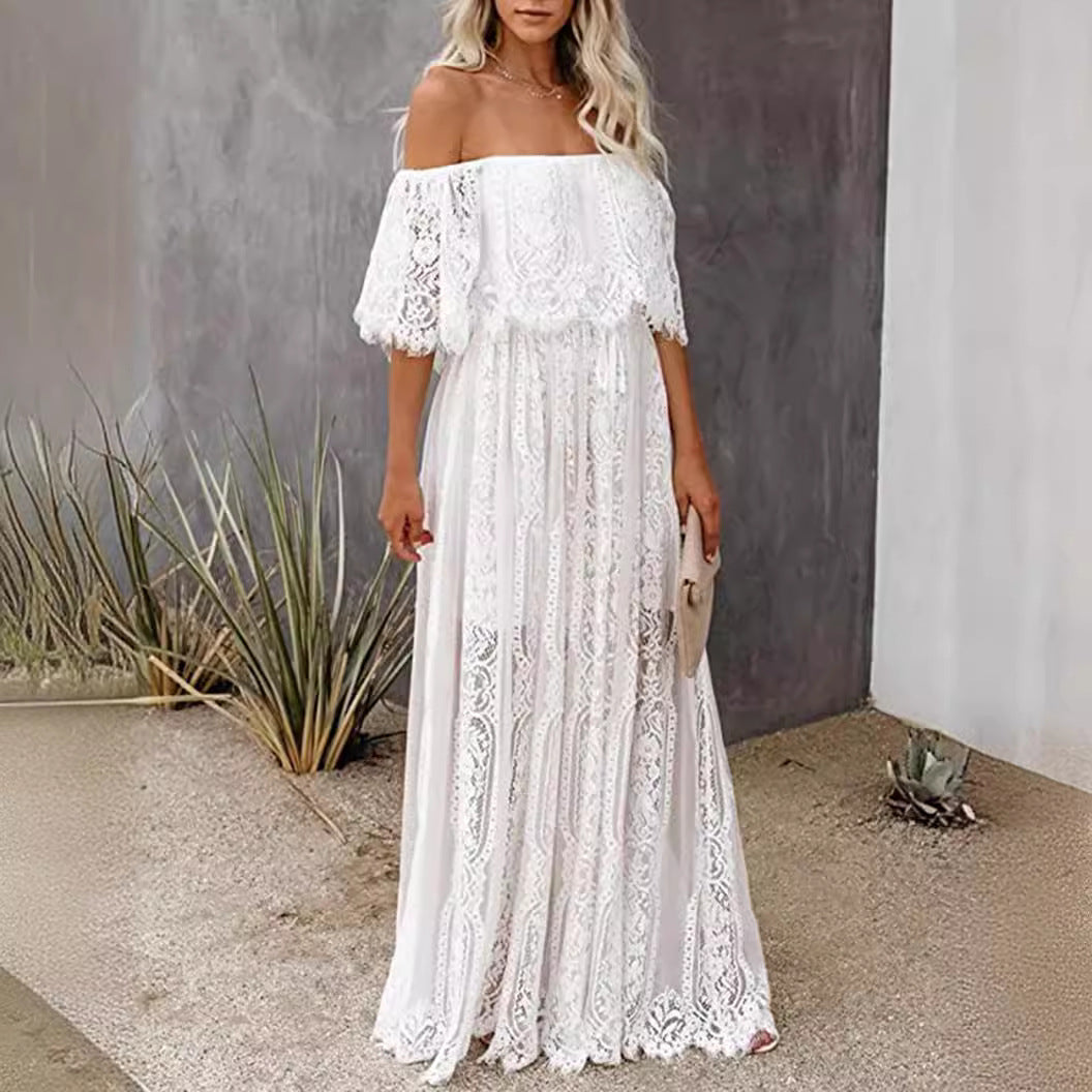 Wish Summer Boat Neck Lace Dress Long Dress Foreign Trade Women's Clothing Lace Skirt