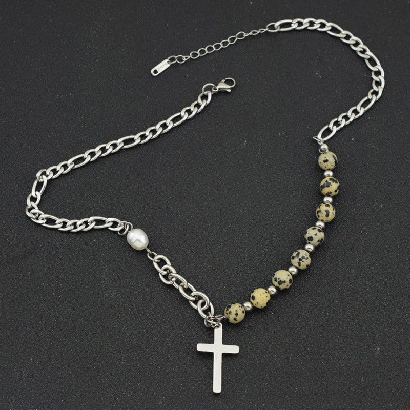 Niche Design Glass Beaded Stitching Chain Cross Pendant Necklace Tide Personalized Hip Hop Clavicle Chain Jewelry