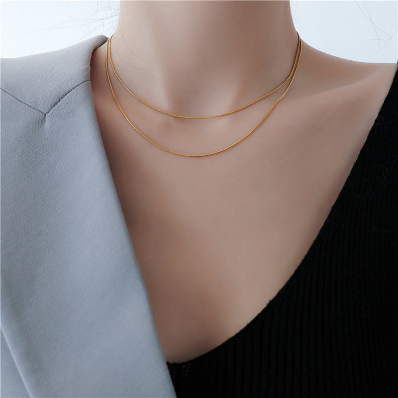 South Korea Dongdaemun Titanium Steel Ornament Japanese and Korean New Fashion Simple All-Match Snake Chain Double Circle Short Necklace for Women