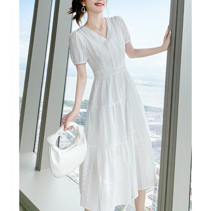 New  Style High-Grade Summer Short-Sleeved Skirt Small Long Skirt White Lace Dress Women's Spring