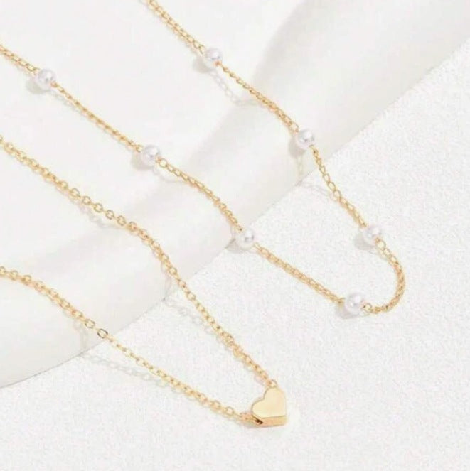 Cross Border Pearl Heart Necklace All-Match Pearl Multi-Layer Pendant Clavicle Chain Women's Retro Multi-Layer Twin Necklace