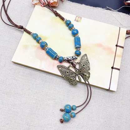 Wholesale Ceramic Sweater Chain Vintage Ethnic Style Clothing Accessories Imperial Concubine Butterfly Long Sweater Necklace