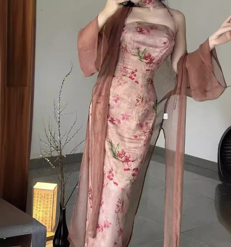VAKKV  8478# Homemade Pink Sequence Flat Collar Split Neck Sling National Style Improved Cheongsam Dress Sling