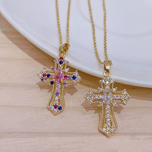 INS Vintage Gold Cross Necklace Personalized Pendant Zircon European and American Style Necklace Special-Interest Design Titanium Steel Clavicle Chain