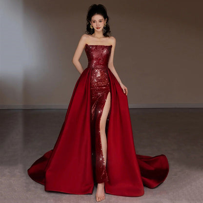 VSKKV Toast Dress Bride off-Shoulder Tube Top Wine Red Sequined Dress Host Party Trailing High Slit Long Dress