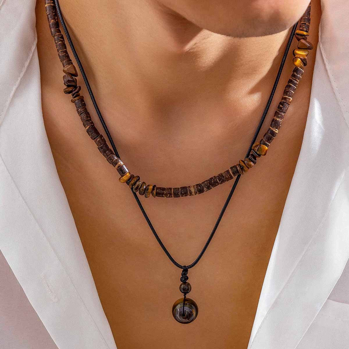 vakkv  HOTan and NEWn Fashion Coconut Shell Turquoise Leather Wax Line Necklace Suit Men Hip Hop Niche Twin Sweater Chain Cross-Border Sold Jewelry Men