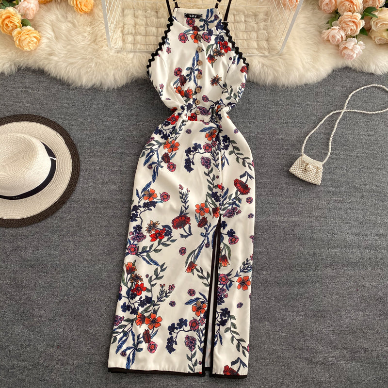 VAKKV Sexy A line Sleeveless Silk Satin Floral Dress Beach Summer Holiday Dress P250