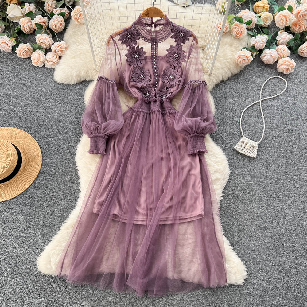 VAKKV Vintage A line long sleeves lace dress women's dress P230