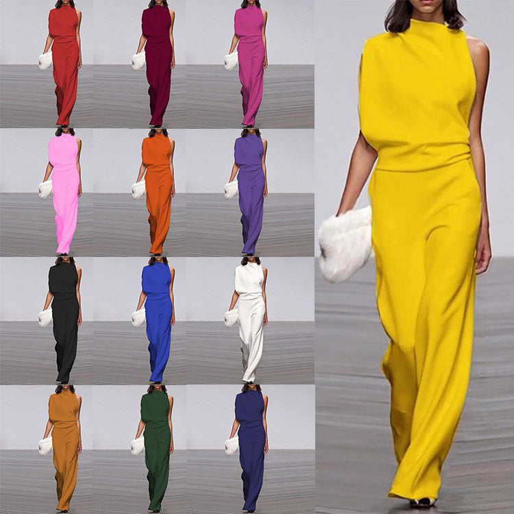 New European Station Women's Pants Solid Color One-Shoulder Pile Collar Jumpsuit  Hot Sale Popular Dress Trousers