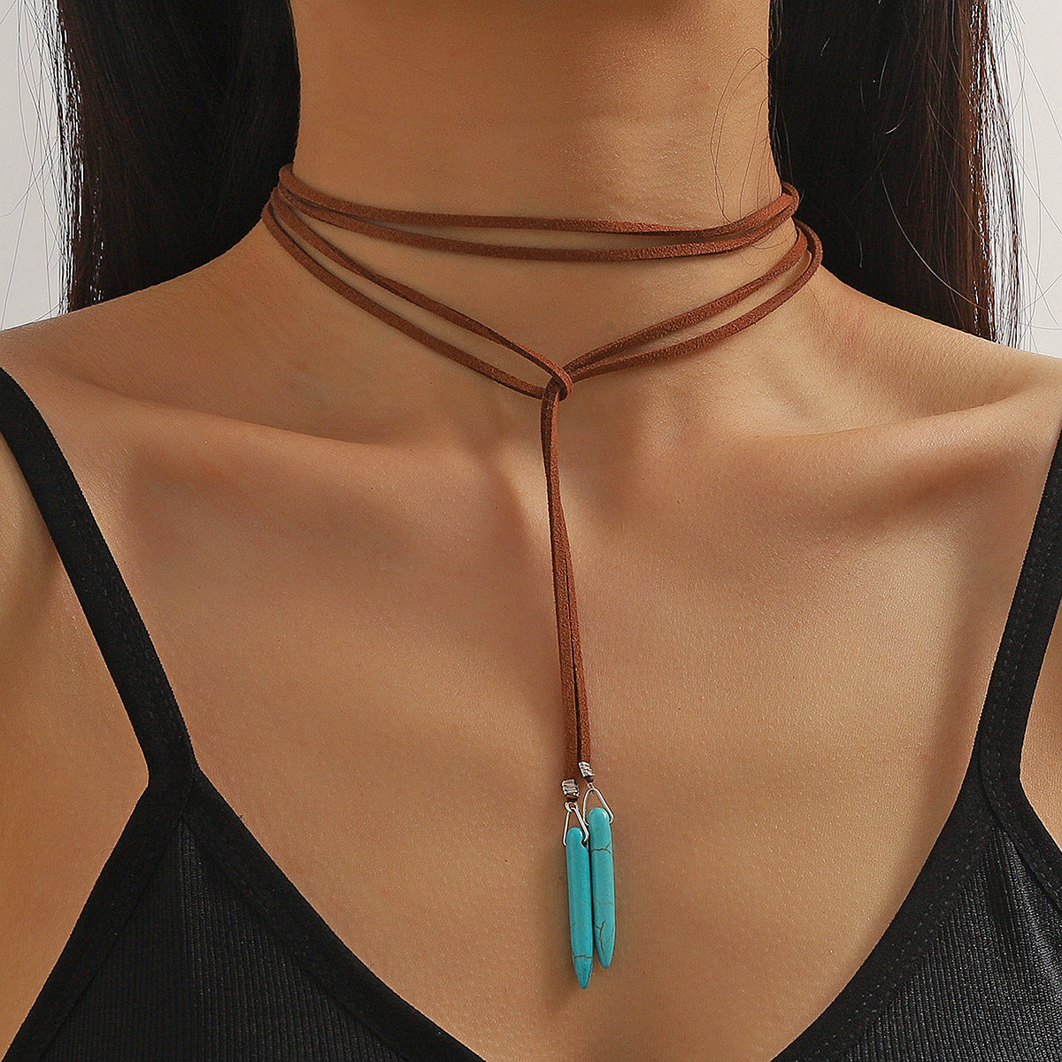 vakkv Cross-Border Hot Bohemian Ethnic Style Accessories Turquoise Pendant Vintage Leather Necklace Sweater Chain