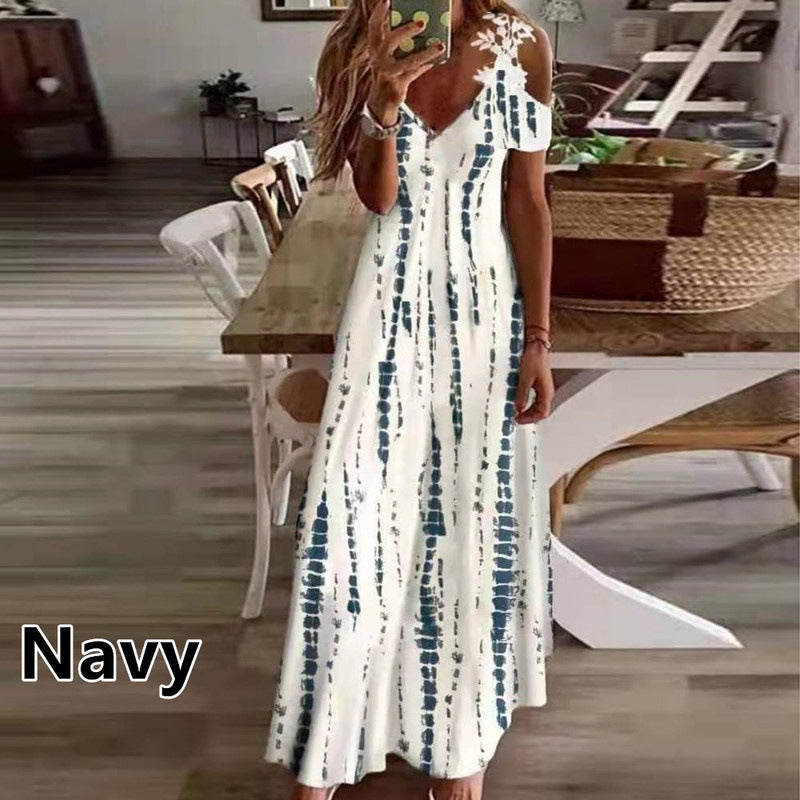 2024 Europe and America Cross Border  Women's Summer New Lace Sling V-neck Fashion Print Loose Dress